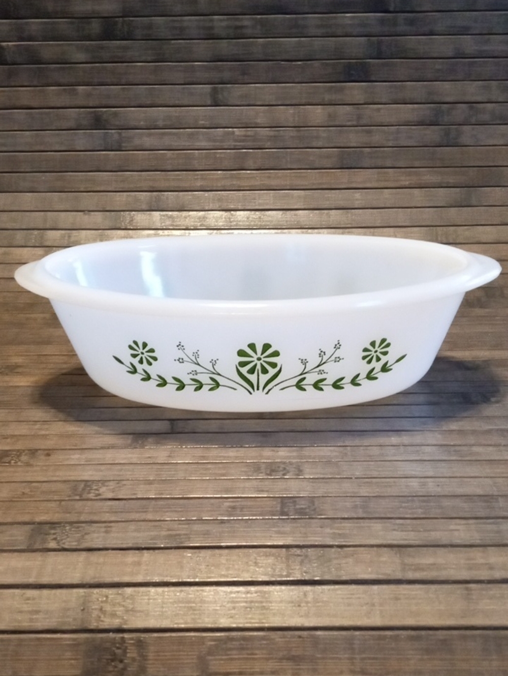 Vintage Glasbake Green Daisy Milk Glass USA Oval Casserole Dish